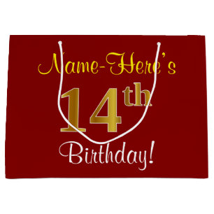 Elegant, Red, Faux Gold 14th Birthday; Custom Name Large Gift Bag