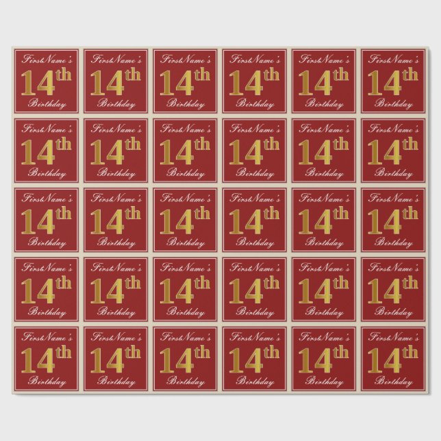 Elegant, Red, Faux Gold 14th Birthday; Custom Name Wrapping Paper (Flat)