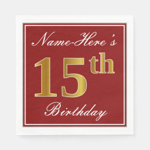 Elegant Red, Faux Gold 15th Birthday + Custom Name Napkin