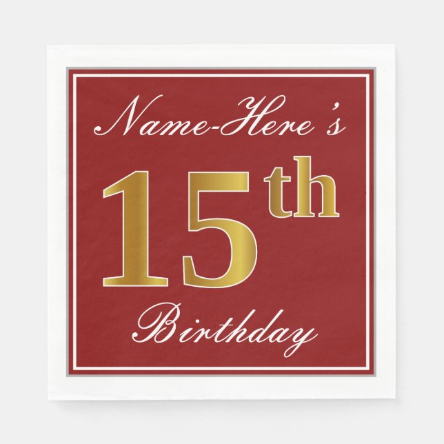 Elegant Red, Faux Gold 15th Birthday + Custom Name Napkin (Front)