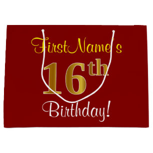 Elegant, Red, Faux Gold 16th Birthday; Custom Name Large Gift Bag