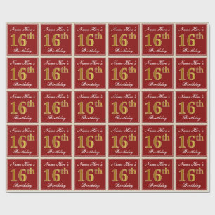 Elegant, Red, Faux Gold 16th Birthday; Custom Name Wrapping Paper