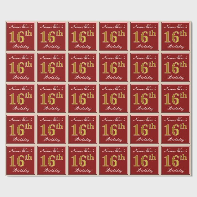 Elegant, Red, Faux Gold 16th Birthday; Custom Name Wrapping Paper (Flat)