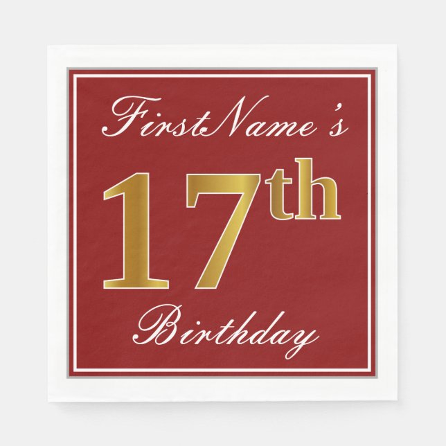 Elegant Red, Faux Gold 17th Birthday + Custom Name Napkin (Front)