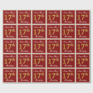 Elegant, Red, Faux Gold 17th Birthday; Custom Name Wrapping Paper