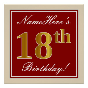 Elegant, Red, Faux Gold 18th Birthday; Custom Name Poster