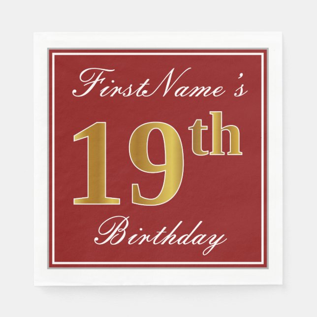 Elegant Red, Faux Gold 19th Birthday + Custom Name Napkin (Front)