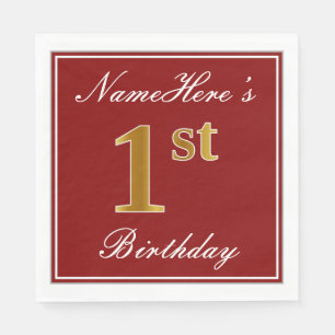 Elegant Red, Faux Gold 1st Birthday + Custom Name Napkin