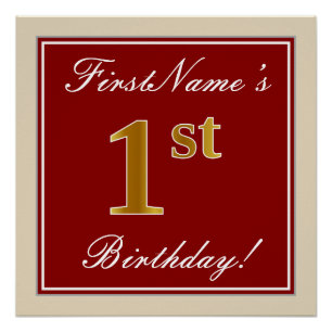 Elegant, Red, Faux Gold 1st Birthday + Custom Name Poster
