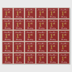 Elegant, Red, Faux Gold 1st Birthday + Custom Name Wrapping Paper