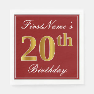 Elegant Red, Faux Gold 20th Birthday + Custom Name Napkin