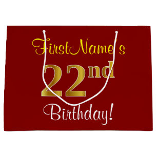 Elegant, Red, Faux Gold 22nd Birthday; Custom Name Large Gift Bag