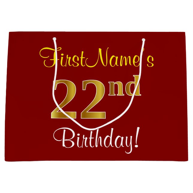 Elegant, Red, Faux Gold 22nd Birthday; Custom Name Large Gift Bag (Front)