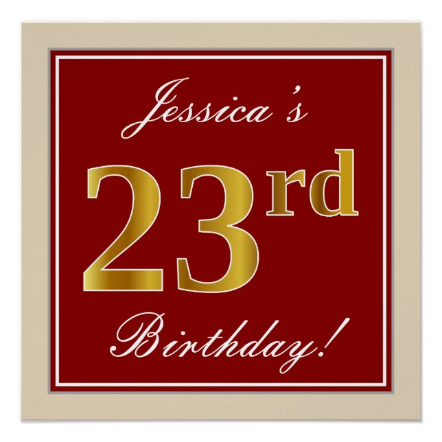 Elegant, Red, Faux Gold 23rd Birthday; Custom Name Poster (Front)