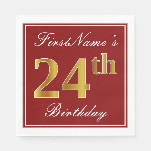 Elegant Red, Faux Gold 24th Birthday + Custom Name Napkin (Front)