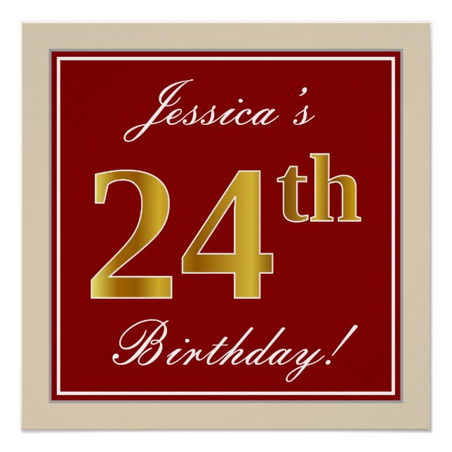 Elegant, Red, Faux Gold 24th Birthday; Custom Name Poster (Front)