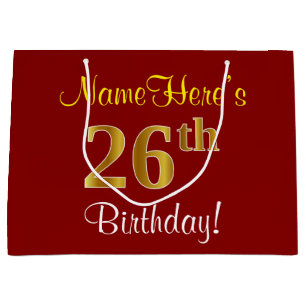 Elegant, Red, Faux Gold 26th Birthday; Custom Name Large Gift Bag