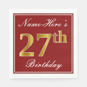 Elegant Red, Faux Gold 27th Birthday + Custom Name Napkin