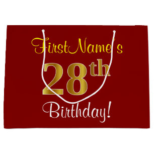 Elegant, Red, Faux Gold 28th Birthday; Custom Name Large Gift Bag