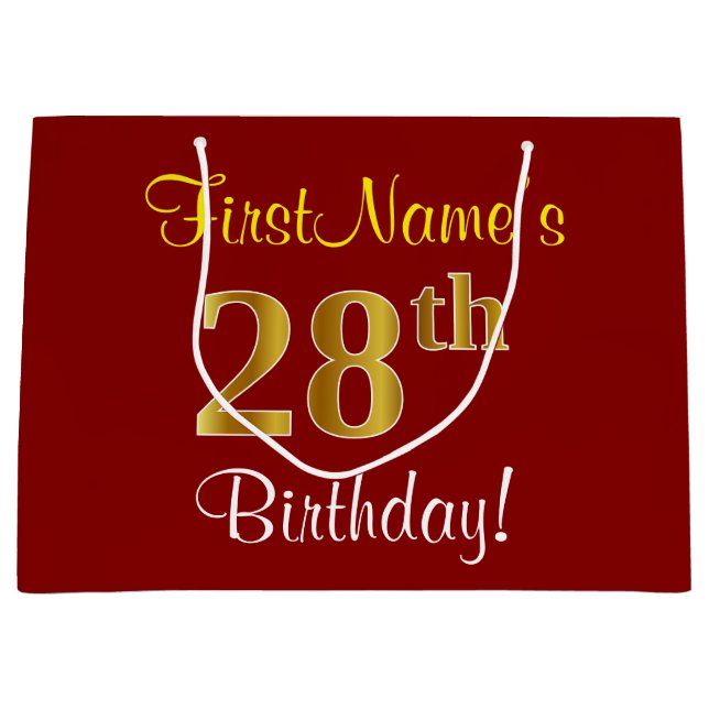 Elegant, Red, Faux Gold 28th Birthday; Custom Name Large Gift Bag (Front)