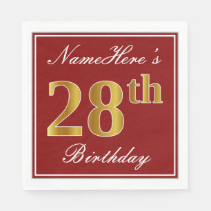 Elegant Red, Faux Gold 28th Birthday + Custom Name Napkin