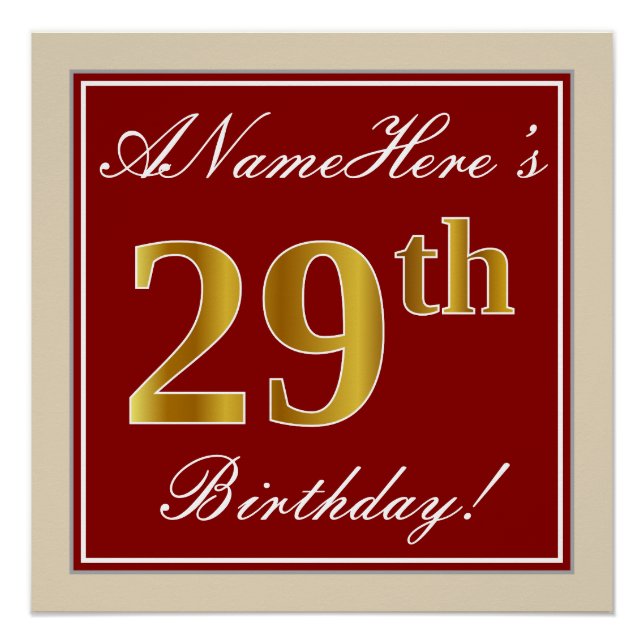 Elegant, Red, Faux Gold 29th Birthday; Custom Name Poster (Front)