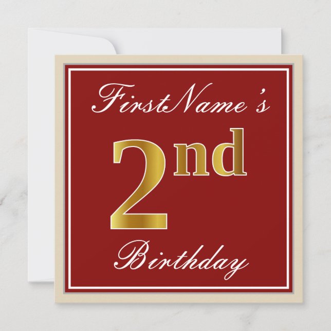 Elegant, Red, Faux Gold 2nd Birthday + Custom Name Invitation (Front)