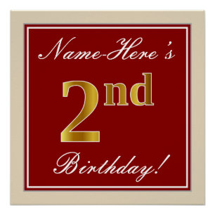 Elegant, Red, Faux Gold 2nd Birthday + Custom Name Poster