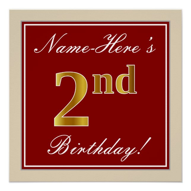 Elegant, Red, Faux Gold 2nd Birthday + Custom Name Poster (Front)