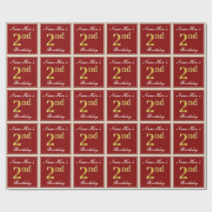 Elegant, Red, Faux Gold 2nd Birthday + Custom Name Wrapping Paper