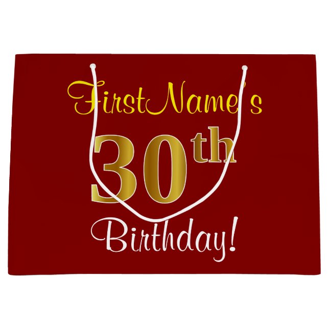 Elegant, Red, Faux Gold 30th Birthday; Custom Name Large Gift Bag (Front)