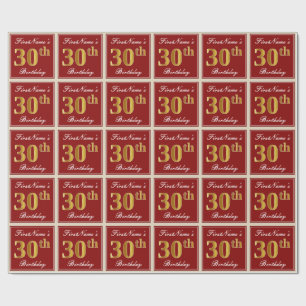 Elegant, Red, Faux Gold 30th Birthday; Custom Name Wrapping Paper