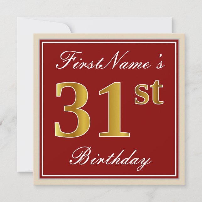 Elegant, Red, Faux Gold 31st Birthday; Custom Name Invitation (Front)