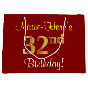 Elegant, Red, Faux Gold 32nd Birthday; Custom Name Large Gift Bag