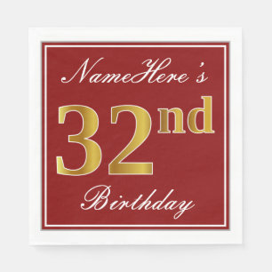 Elegant Red, Faux Gold 32nd Birthday + Custom Name Napkin