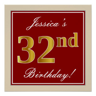 Elegant, Red, Faux Gold 32nd Birthday; Custom Name Poster