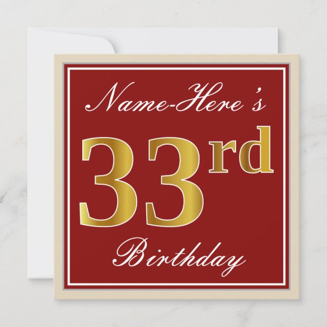Elegant, Red, Faux Gold 33rd Birthday; Custom Name Invitation (Front)