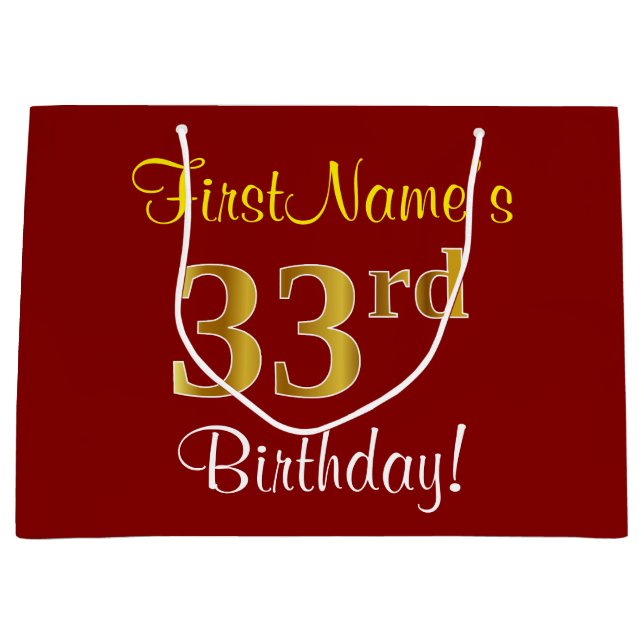 Elegant, Red, Faux Gold 33rd Birthday; Custom Name Large Gift Bag (Front)