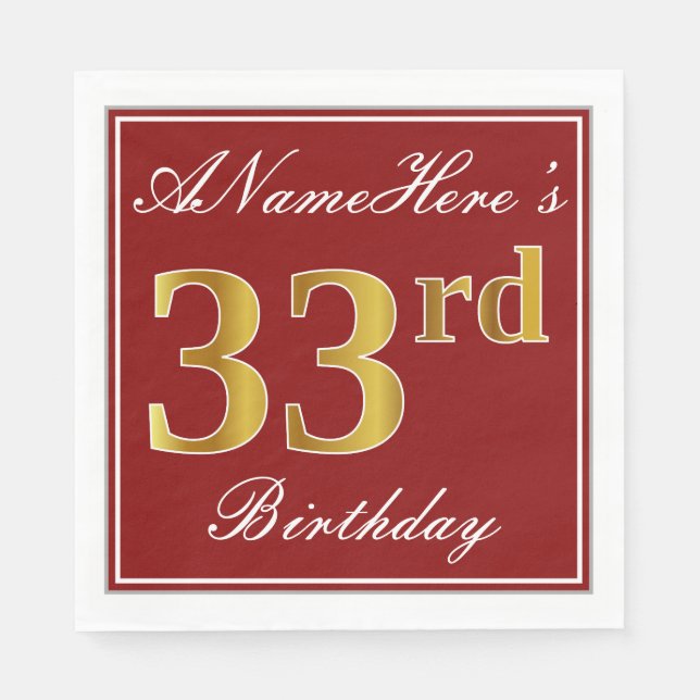 Elegant Red, Faux Gold 33rd Birthday + Custom Name Napkin (Front)
