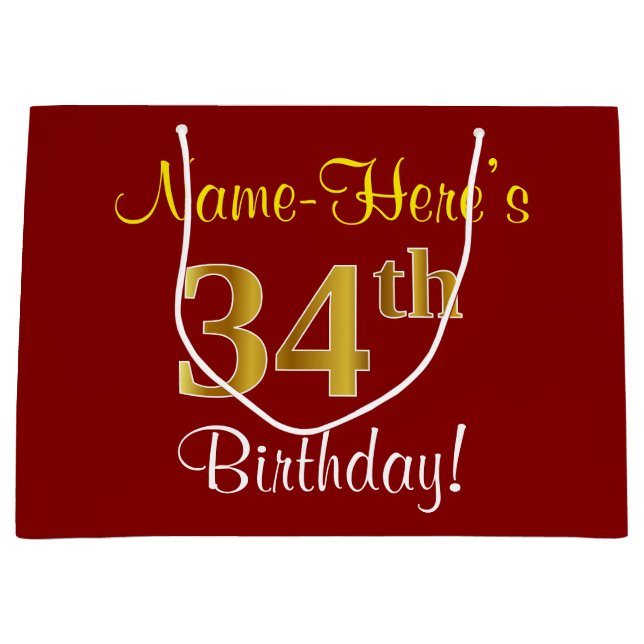 Elegant, Red, Faux Gold 34th Birthday; Custom Name Large Gift Bag (Front)