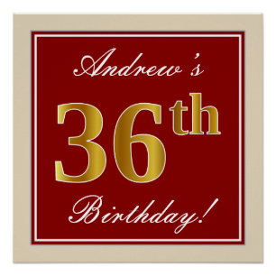 Elegant, Red, Faux Gold 36th Birthday; Custom Name Poster