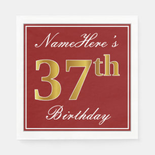 Elegant Red, Faux Gold 37th Birthday + Custom Name Napkin