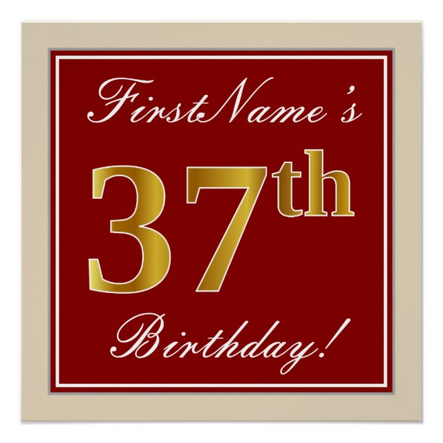 Elegant, Red, Faux Gold 37th Birthday; Custom Name Poster (Front)