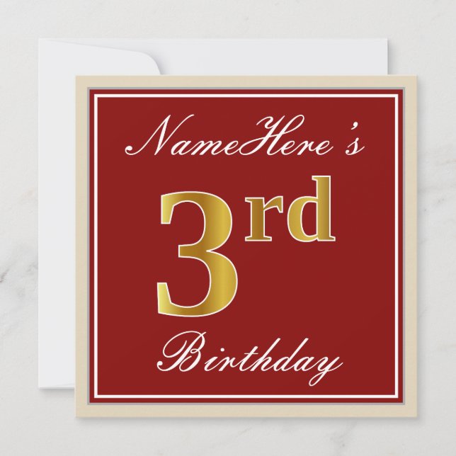 Elegant, Red, Faux Gold 3rd Birthday + Custom Name Invitation (Front)