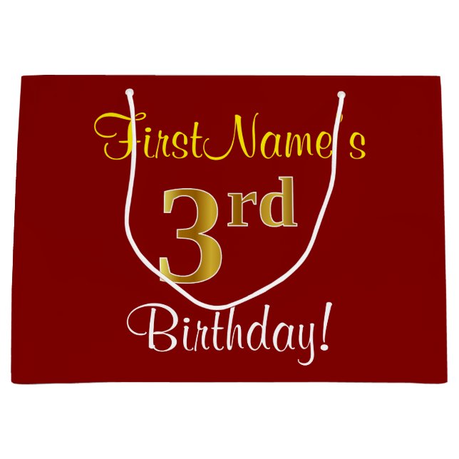 Elegant, Red, Faux Gold 3rd Birthday + Custom Name Large Gift Bag (Front)