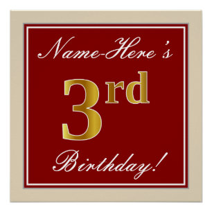 Elegant, Red, Faux Gold 3rd Birthday + Custom Name Poster