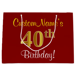Elegant, Red, Faux Gold 40th Birthday; Custom Name Large Gift Bag