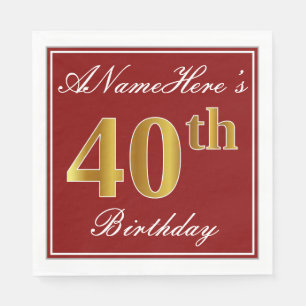 Elegant Red, Faux Gold 40th Birthday + Custom Name Napkin