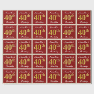 Elegant, Red, Faux Gold 40th Birthday; Custom Name Wrapping Paper
