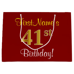 Elegant, Red, Faux Gold 41st Birthday; Custom Name Large Gift Bag